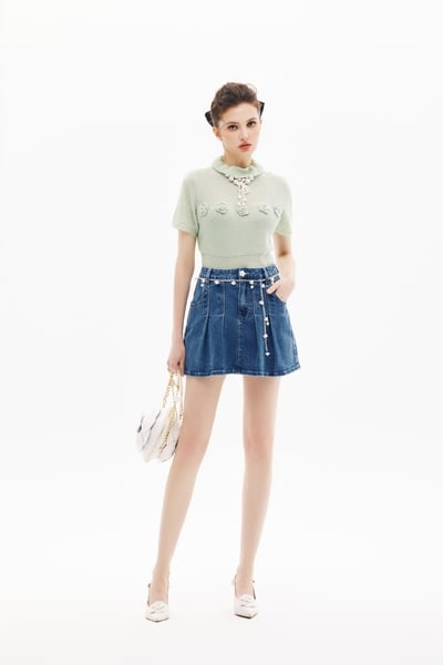 Pleated Denim Short Skirt