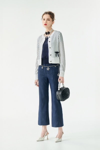 Embossed Floral Print Boot Leg Pants