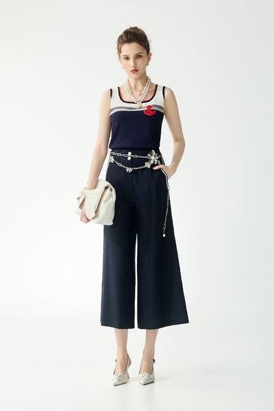 White Pocket Stripe Navy Pants