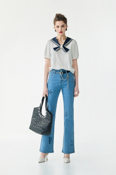 Marine Motifs Embroidery Boot Leg Jeans