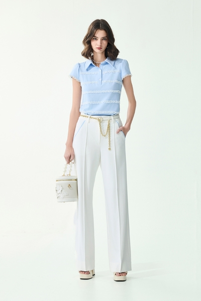 Blue Pocket Trim Detail White Pants
