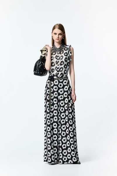 Hand Sketched Floral Print Wide Leg Pants