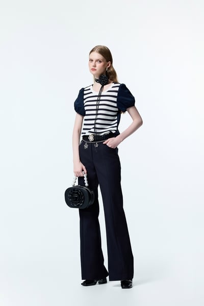 Navy Boot Leg Pants With Contrast Pocket Trim Detail