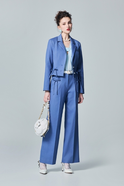 Bow Detail Blue Wide Leg Pants
