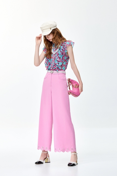 Pink Wide Leg Pants With Floral Embroidery Detail