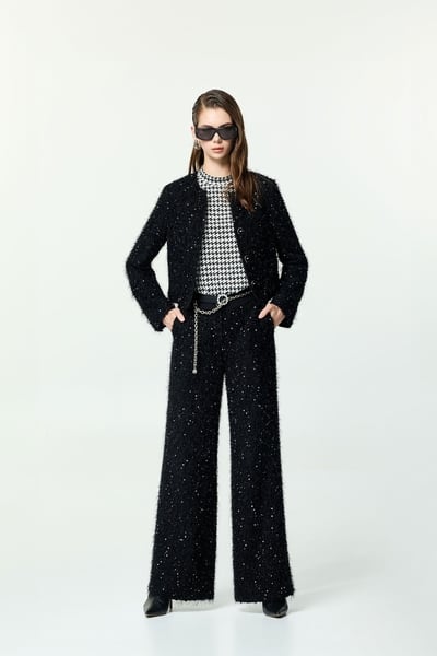 Fringe Detail Straight Cut Sequin Pants