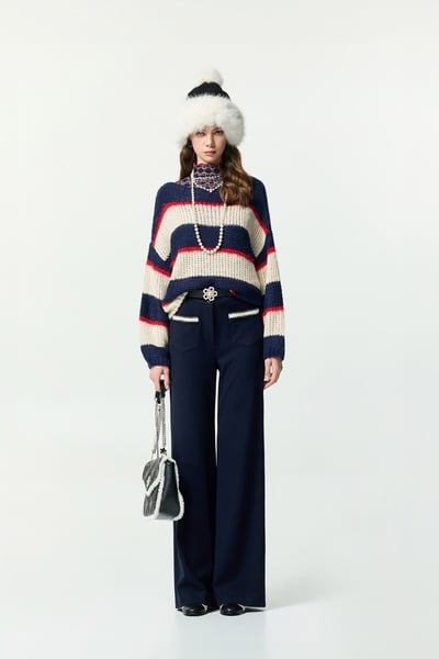 Navy Pants With Contrast White Pocket Trim Detail