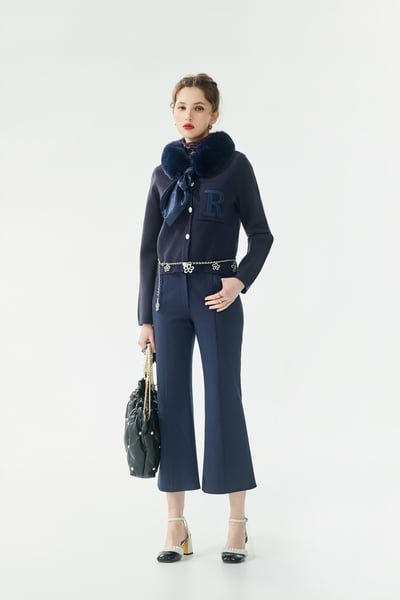 Floral Embroidery Detail Navy Pants