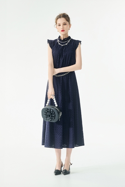 Hollow Out Embroidery Detail Navy Dress