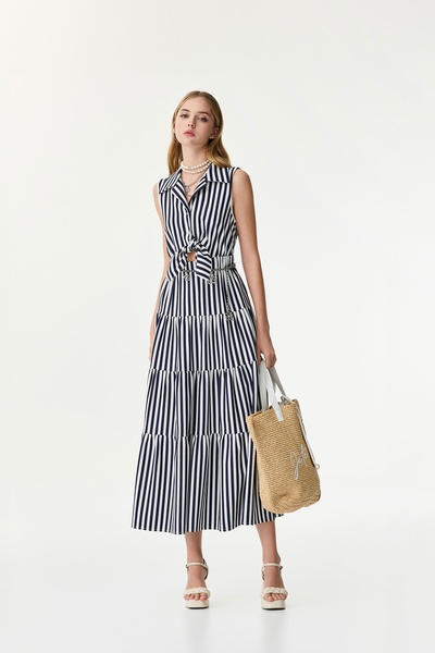 Front Knot Navy Stripe Maxi Dresss