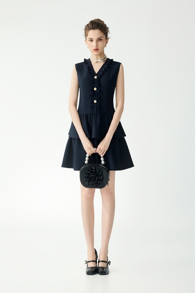 Ruffle Trim Detail Navy Dress
