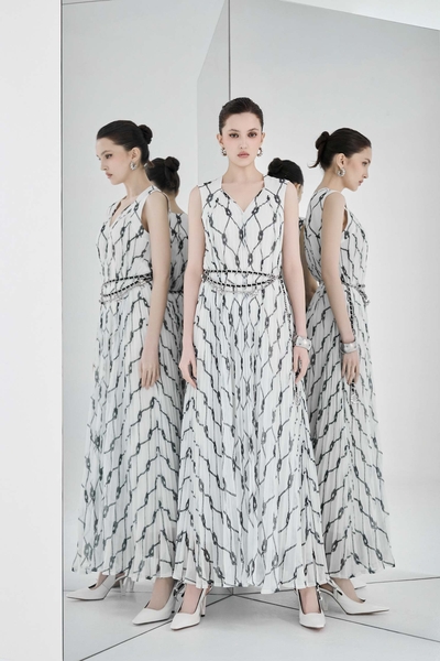 French Knot Graphic Print Pleated Maxi Dress