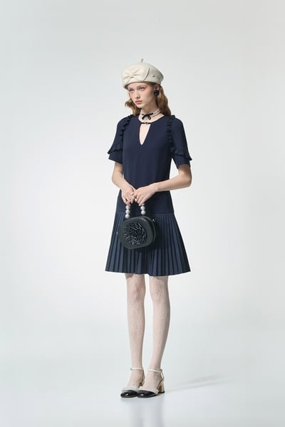 Navy Short Sleeve Ruffle Trim Detail Dress
