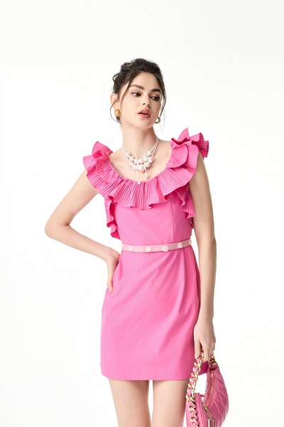 Pleated Ruffle Pink Dress