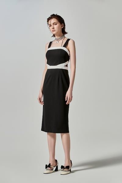 Midi Black Dress With Contrast White Trim