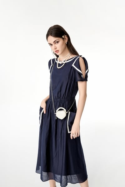 Contrst Trim Midnight Blue Midi Dress
