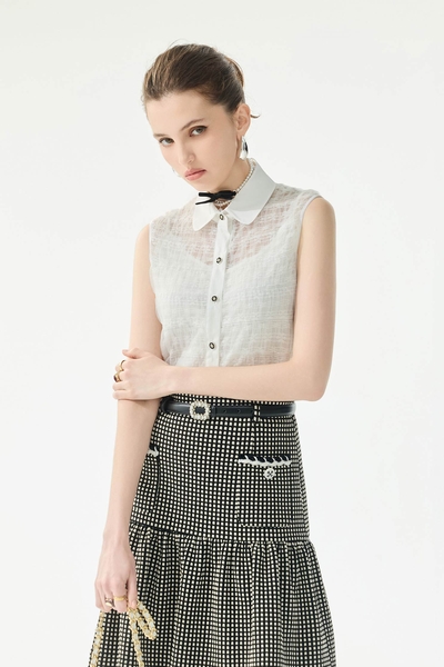 Button Front Floral Detail Mesh Vest