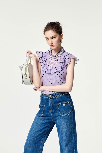 Heart Print Ruffle Detail Vest