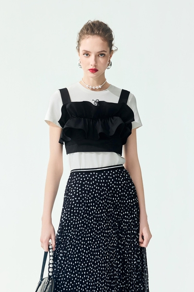 Black Ruffle Detail Outer Vest With Tee