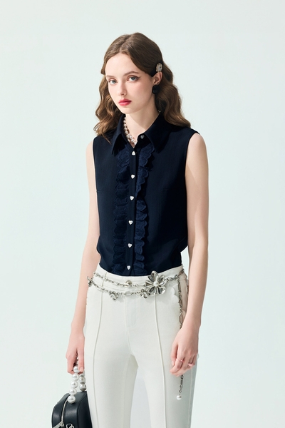 Ruffle Lace Detail Navy Vest