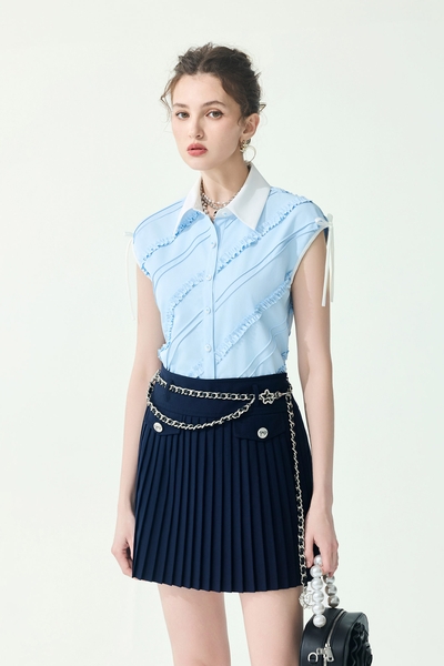 Pleated Ruffle Detail Button Front Vest