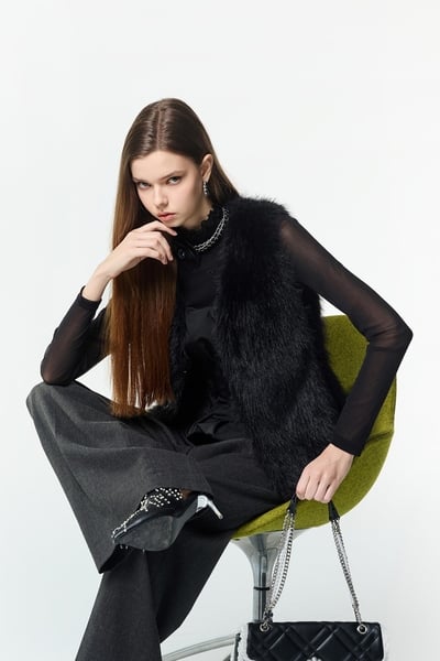 V-neck Faux Fur Black Vest