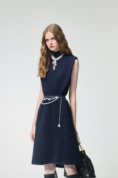 Navy Textured Pleats Turtleneck Vest