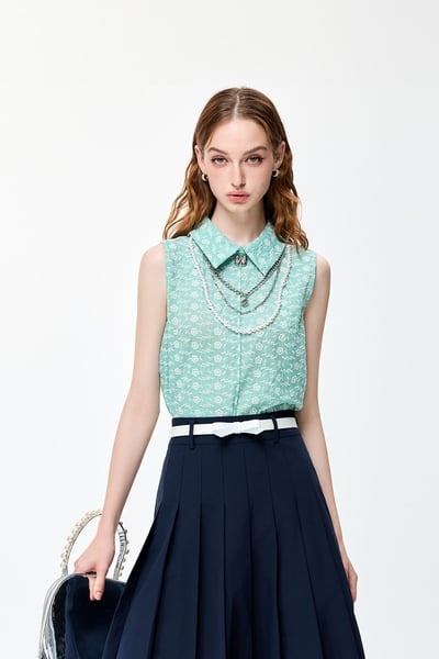 Mint Green Floral Embroidery Detail Vest