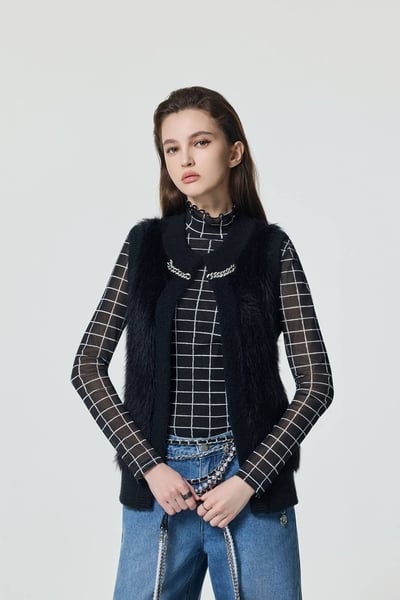 Faux Fur Knit Black Vest