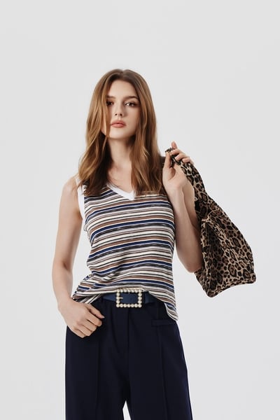 Caramel Navy Stripe Contrast V-neck Vest