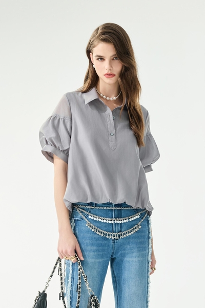 Short Lantern Sleeve Grey Top