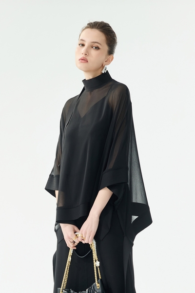 Kimono Sleeve Black Chiffon Top