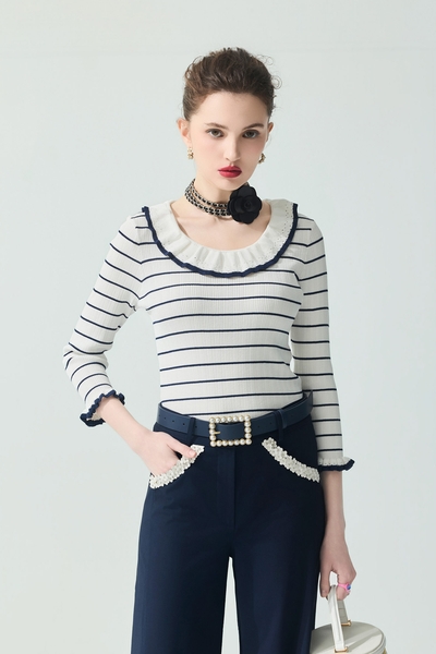 Navy Stripe Ruffle Neckline Knit Top