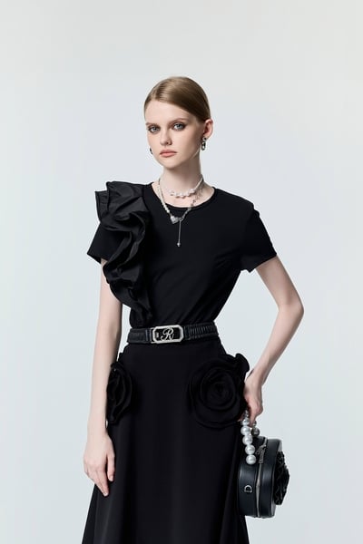 Ruffle Taffeta Black Tee