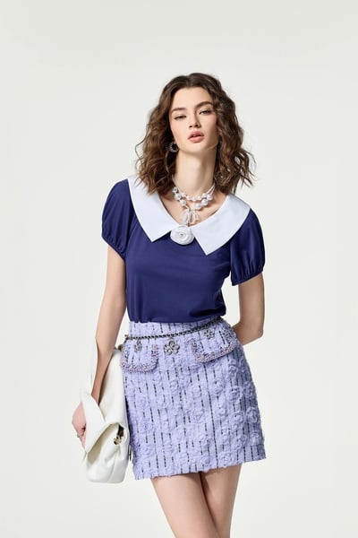 Contrast Collar Short Sleeve Top