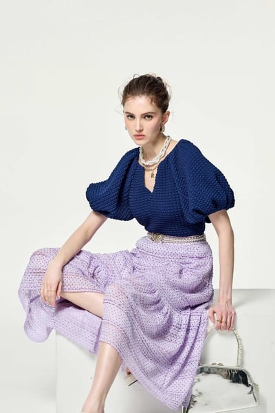 Navy Puff Sleeve V-neck Top