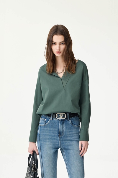 V-neck Solid Green Blouse