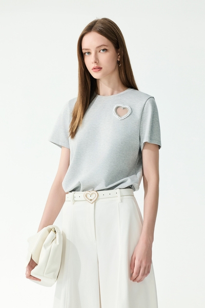 Mesh Heart Motif With Pearl Detail Grey Tee