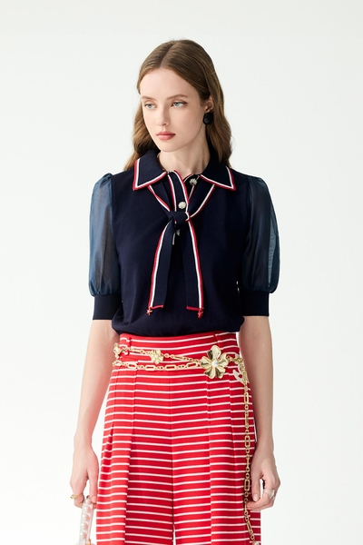 Contrast Red Trim Navy Knit Top