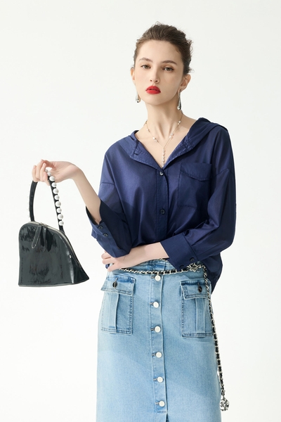 Patch Pocket Hoodie Navy Blouse
