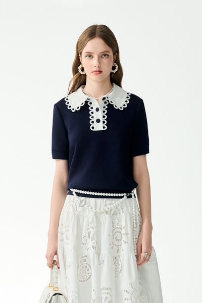 Contrast White Collar Short Sleeve Navy Polo Tee
