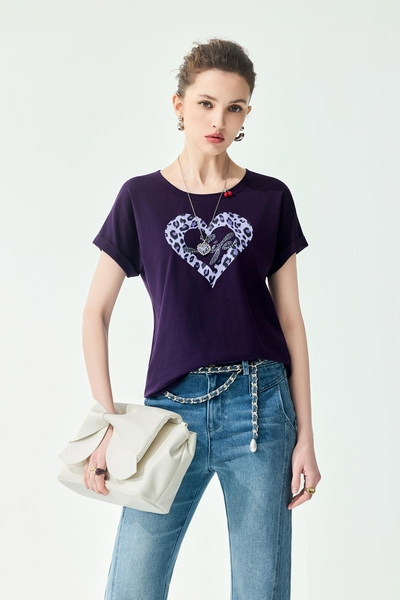 Leopard Print Heart Motif Dark Purple Tee