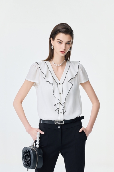 Black Trim Ruffle Detail Top