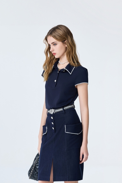 Embroidery Trim Detail Navy Top