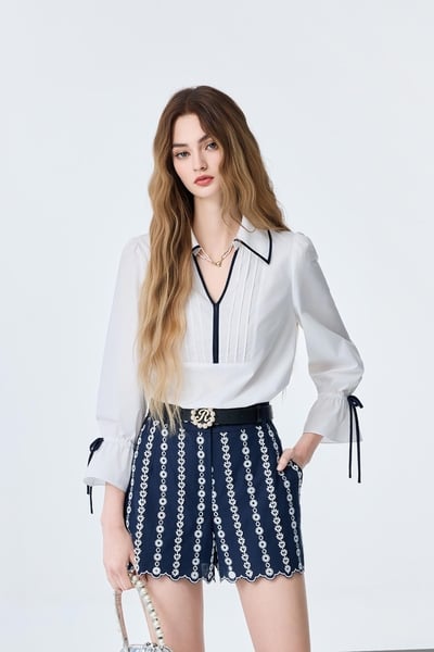 Contrast Navy Trim Detail Long Sleeve Top