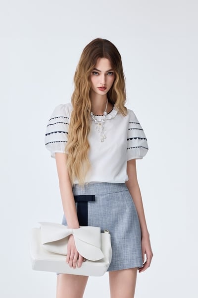 Contrast Navy Trim Detail Ruffle Neckline Top