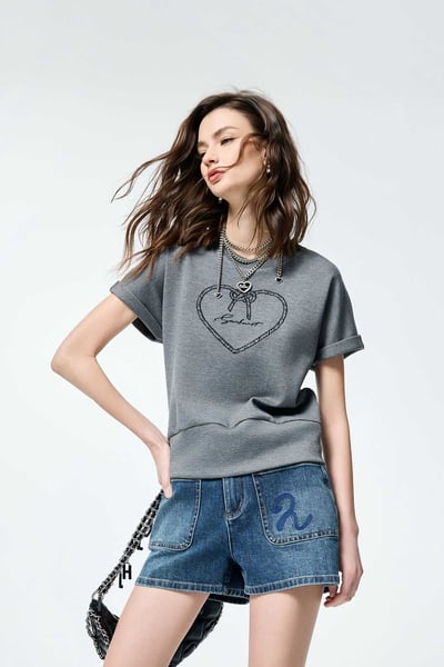 Heart Embroidery Graphic Grey Tee