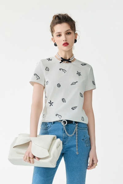 Marine Motifs Embroidery Short Sleeve Tee