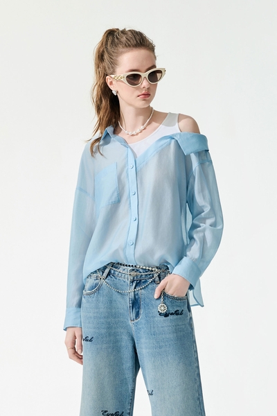 Fake Two Piece Blue Long Sleeve Blouse