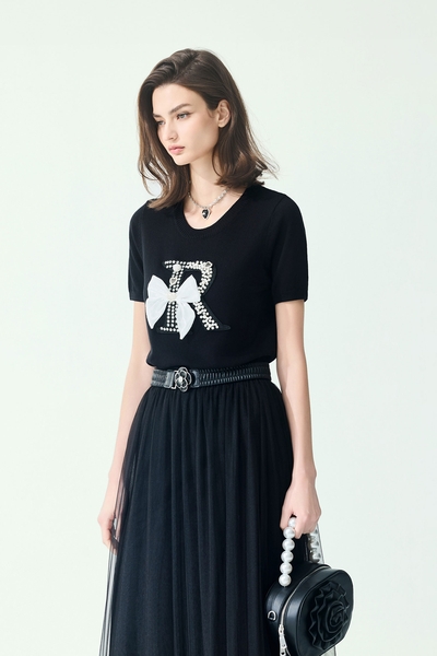 Bow Detail With Beaded R Logo Knit Top